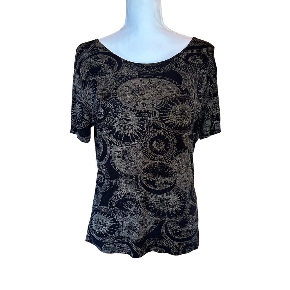 Frazier Lawrence Celestial Sun Moon Astrology‎ Print Short Sleeve Top VTG Y2K